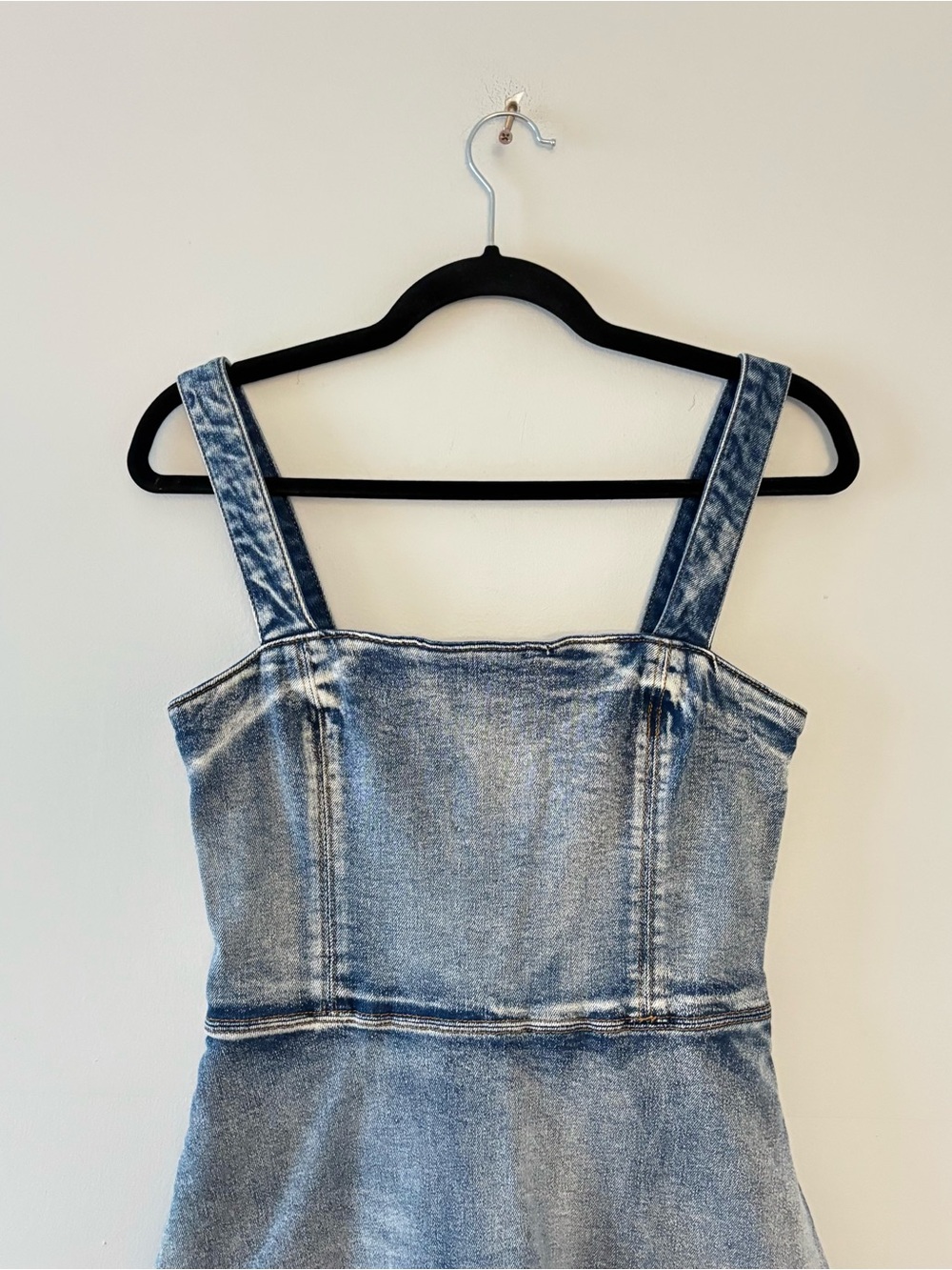 Amanda Uprichard Piper Romper in Denim Mini Dress Square Neckline Stretch Jean - Picture 4 of 7